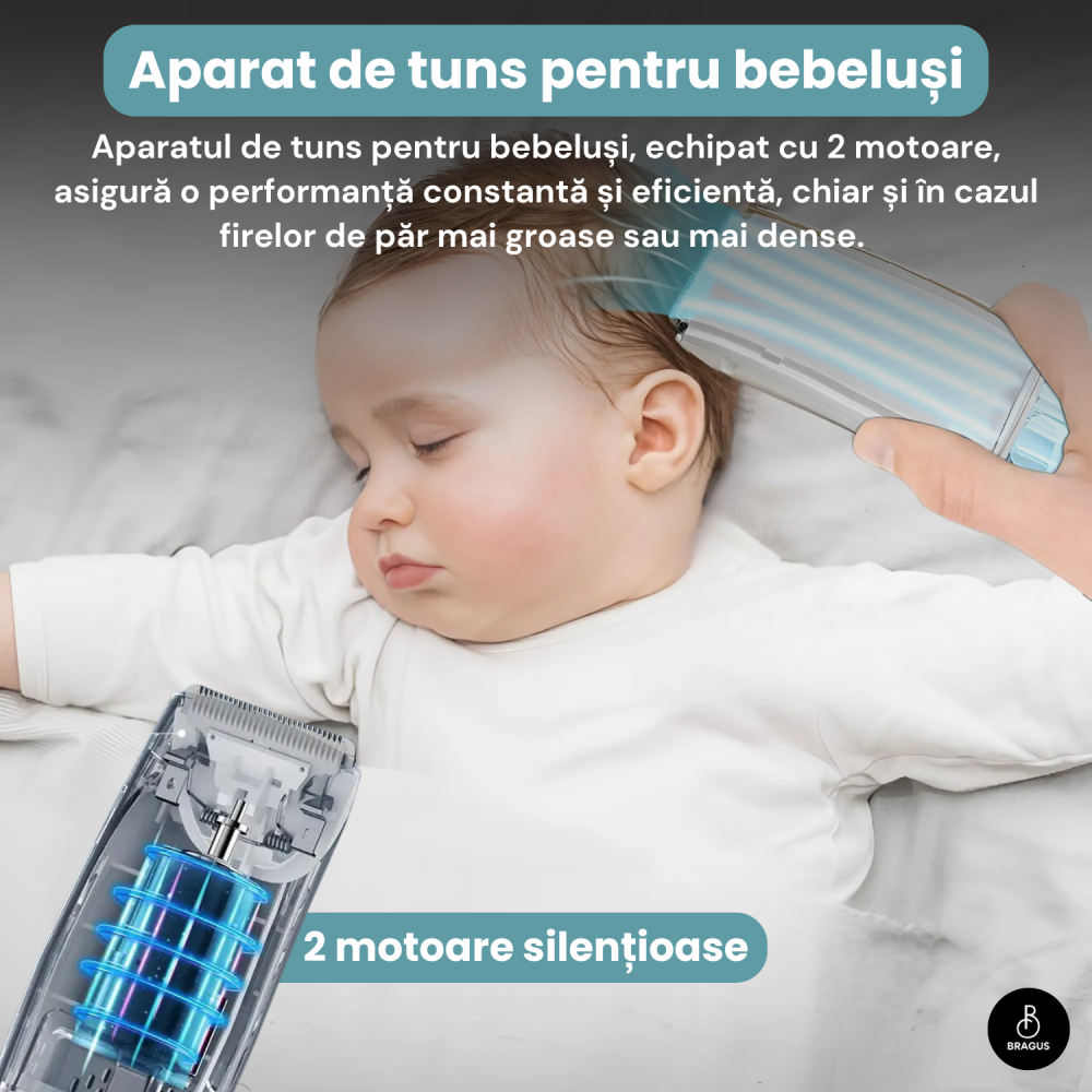 Aparat de Tuns pentru Bebelusi, Copii si Adulti, BRAGUS, 600mAh, 2 Trepte de Viteza, 2 Motoare Silentioase, Functie de Aspirare a Parului, Rezistent la Apa IPX7, Reincarcabil USB, 3 Piepteni Inclusi [9]