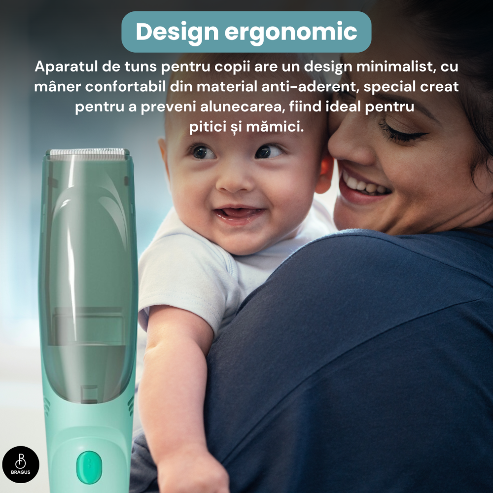 Aparat de Tuns pentru Bebelusi, Copii si Adulti, BRAGUS, 600mAh, 2 Trepte de Viteza, 2 Motoare Silentioase, Functie de Aspirare a Parului, Rezistent la Apa IPX7, Reincarcabil USB, 3 Piepteni Inclusi [13]