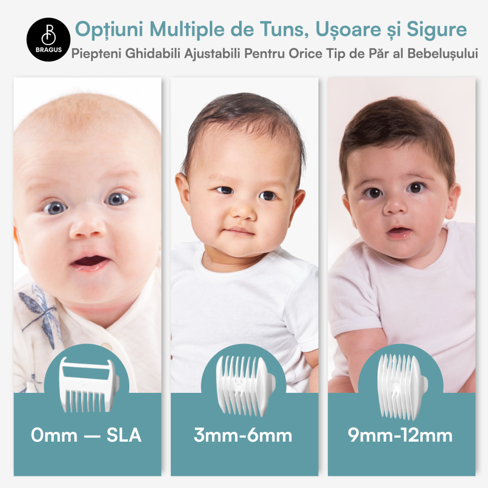 Aparat de Tuns pentru Bebelusi, Copii si Adulti, BRAGUS, 600mAh, 2 Trepte de Viteza, 2 Motoare Silentioase, Functie de Aspirare a Parului, Rezistent la Apa IPX7, Reincarcabil USB, 3 Piepteni Inclusi [4]