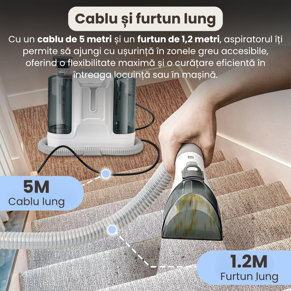 Aspirator cu Spalare Injectie-Extractie, 12.000Pa, Rezervor Apa 1.8L, 220V, 450W, 75dB, Aspirator Multifunctional pentru Toate Suprafetele, Elimina Bacteriile, Pentru Casa si Birou, Cablu 5M, Alb [3]