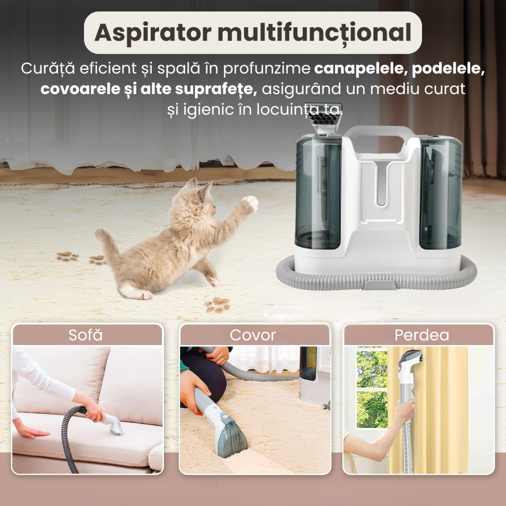 Aspirator cu Spalare Injectie-Extractie, 12.000Pa, Rezervor Apa 1.8L, 220V, 450W, 75dB, Aspirator Multifunctional pentru Toate Suprafetele, Elimina Bacteriile, Pentru Casa si Birou, Cablu 5M, Alb [2]