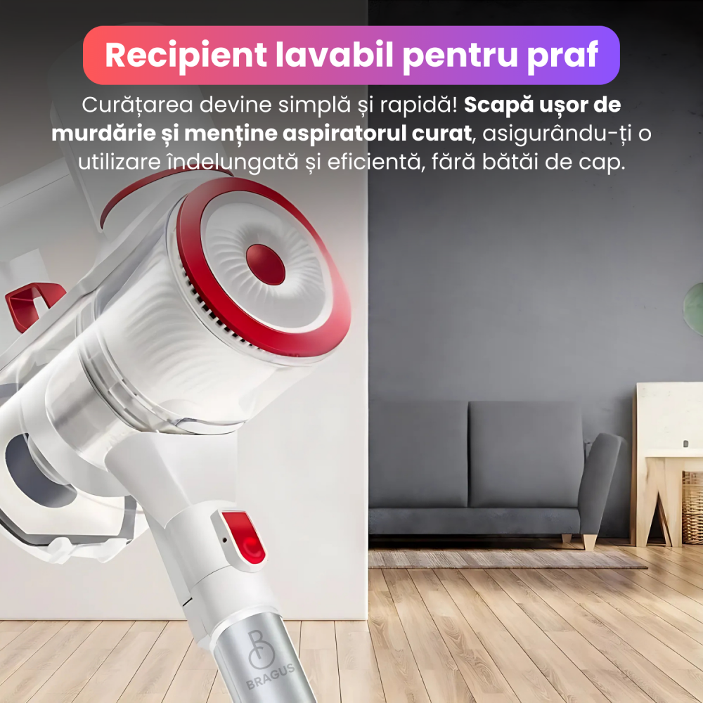 Aspirator vertical fara fir BRAGUS, silentios, iluminare LED, montare pe perete, 2 moduri de aspirare, 170W, 2200 mAh, aspirare maxim 40 min, 15000 Pa, inaltime reglabila, 4 capete incluse, alb [5]