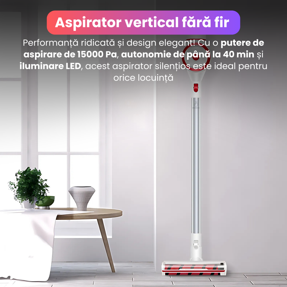 Aspirator vertical fara fir BRAGUS, silentios, iluminare LED, montare pe perete, 2 moduri de aspirare, 170W, 2200 mAh, aspirare maxim 40 min, 15000 Pa, inaltime reglabila, 4 capete incluse, alb [2]