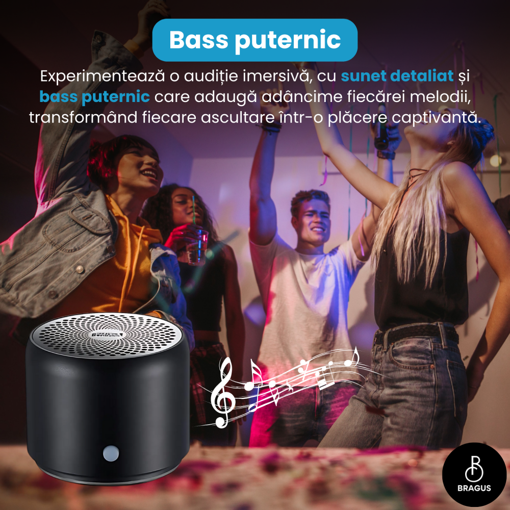 Boxa Portabila Mini, BRAGUS, Boxa Bluetooth 5.0, Rezistenta la Apa IPX7 si Praf, Baterie 700mAh, Autonomie 17h, Bass Puternic, Calitate Audio Excelenta, Stereo, Husa Protectie Inclusa, Wireless, 175g [10]