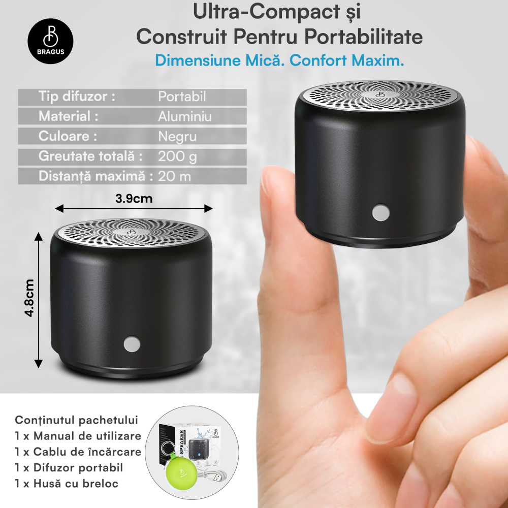 Boxa Portabila Mini, BRAGUS, Boxa Bluetooth 5.0, Rezistenta la Apa IPX7 si Praf, Baterie 700mAh, Autonomie 17h, Bass Puternic, Calitate Audio Excelenta, Stereo, Husa Protectie Inclusa, Wireless, 175g [3]