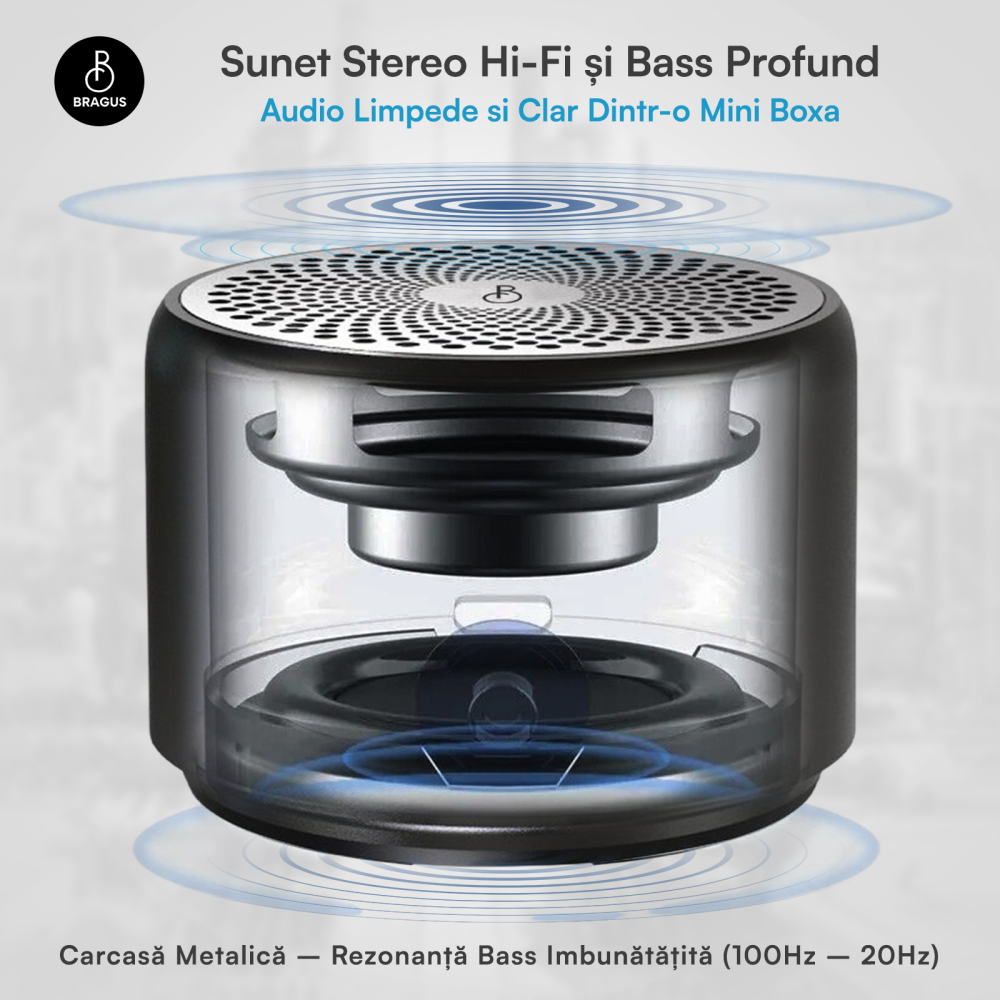Boxa Portabila Mini, BRAGUS, Boxa Bluetooth 5.0, Rezistenta la Apa IPX7 si Praf, Baterie 700mAh, Autonomie 17h, Bass Puternic, Calitate Audio Excelenta, Stereo, Husa Protectie Inclusa, Wireless, 175g [4]
