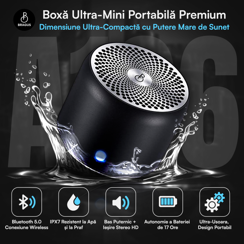 Boxa Portabila Mini, BRAGUS, Boxa Bluetooth 5.0, Rezistenta la Apa IPX7 si Praf, Baterie 700mAh, Autonomie 17h, Bass Puternic, Calitate Audio Excelenta, Stereo, Husa Protectie Inclusa, Wireless, 175g [2]