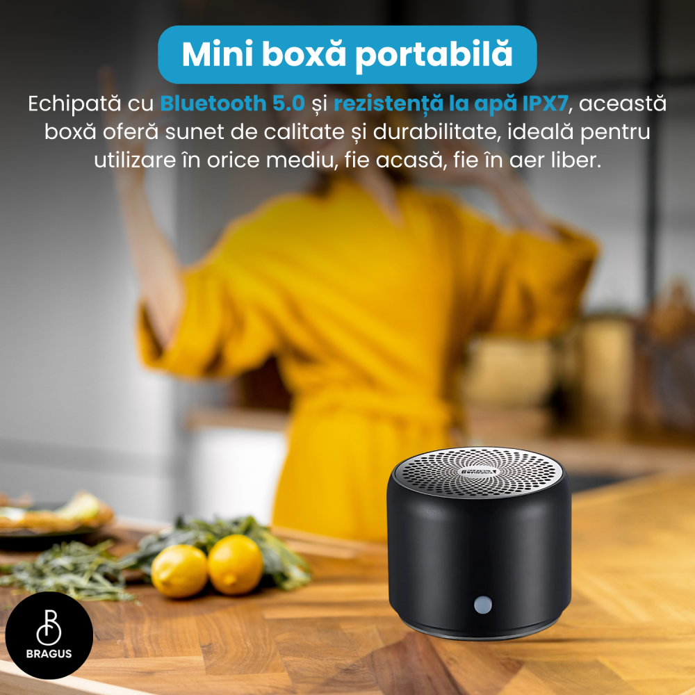 Boxa Portabila Mini, BRAGUS, Boxa Bluetooth 5.0, Rezistenta la Apa IPX7 si Praf, Baterie 700mAh, Autonomie 17h, Bass Puternic, Calitate Audio Excelenta, Stereo, Husa Protectie Inclusa, Wireless, 175g [9]