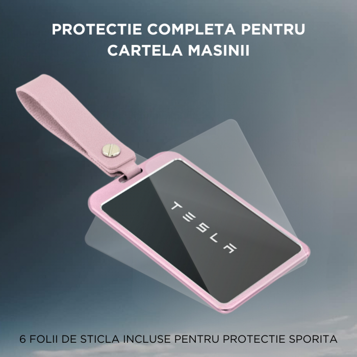Breloc auto cu protectie pentru cartela masinilor Tesla, cu 6 folii protectie incluse, curea din piele pentru agatare, compatibil cu Model 3/Y, Model 3 Highland, BRAGUS®, din aluminiu, Roz [4]
