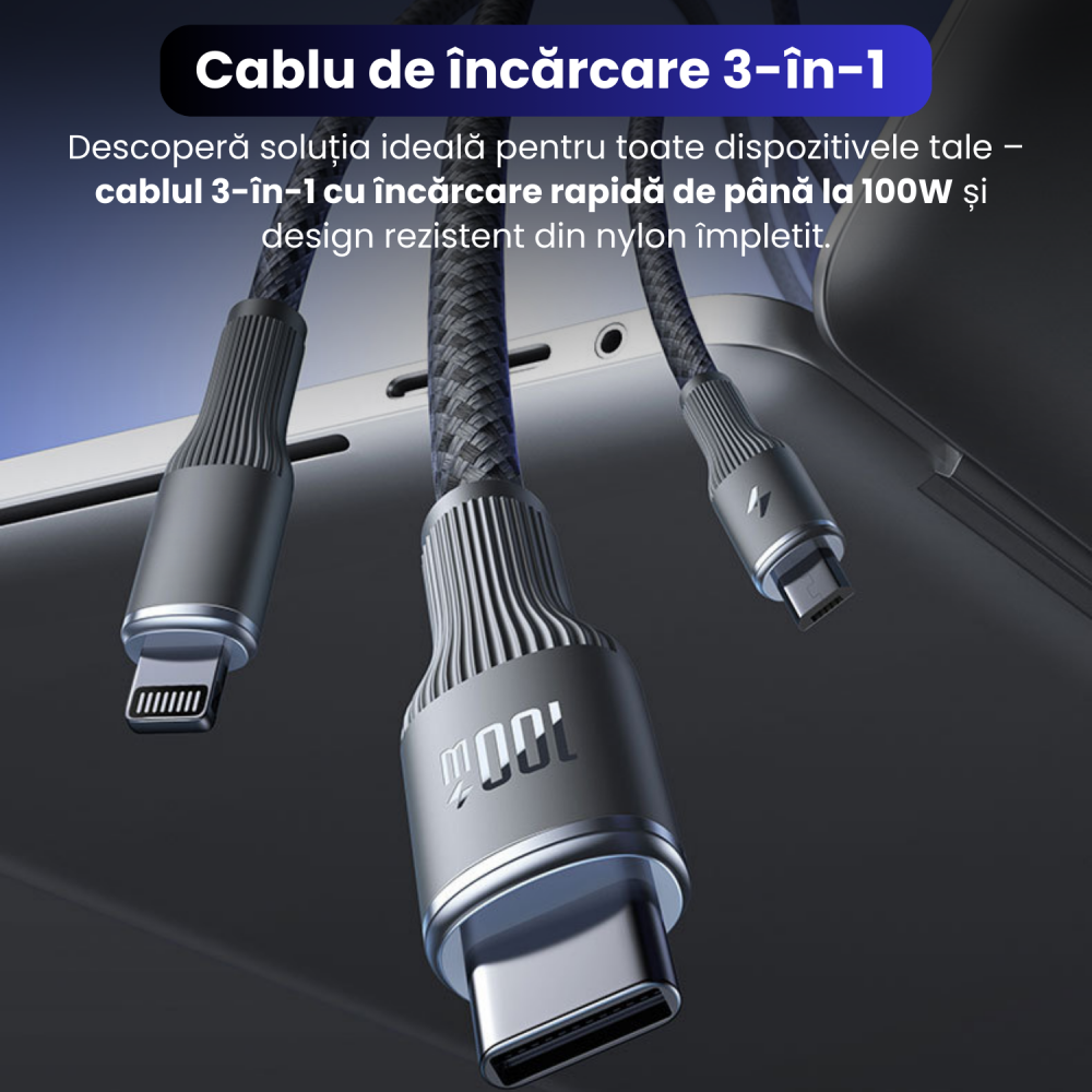 Cablu de date cu incarcare rapida, Bragus, 3 in 1, Super Fast Charge 100W, USB, Type C, Lightning, Micro-USB [2]