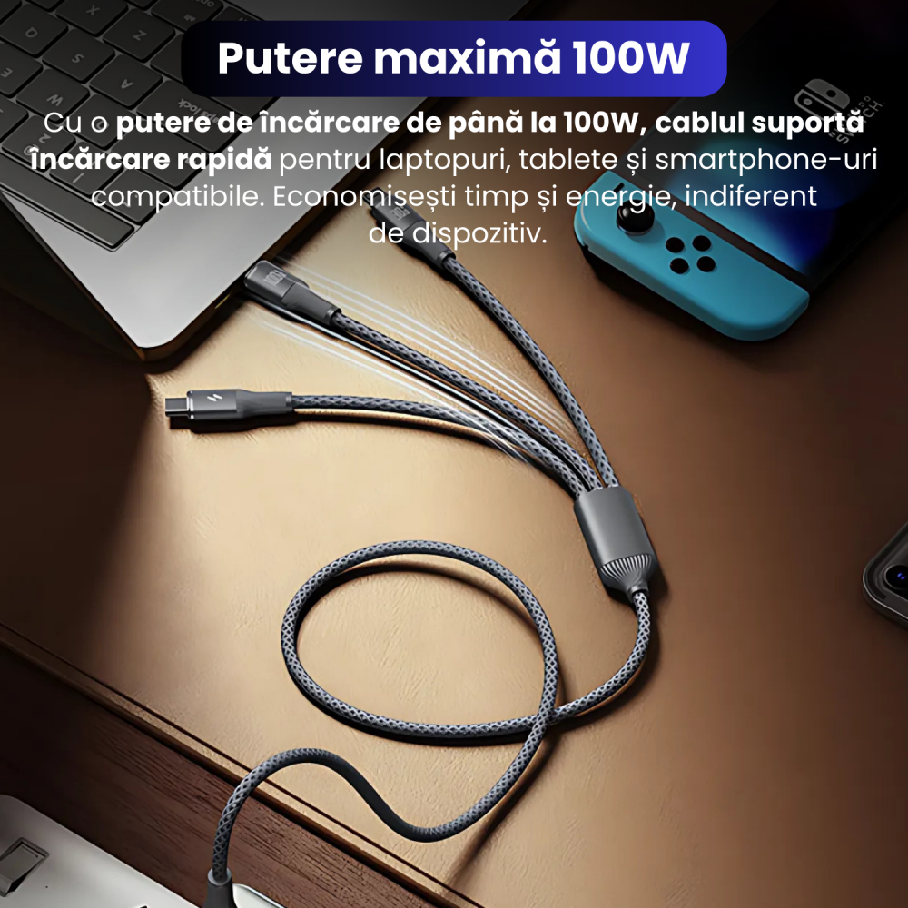 Cablu de date cu incarcare rapida, Bragus, 3 in 1, Super Fast Charge 100W, USB, Type C, Lightning, Micro-USB [4]