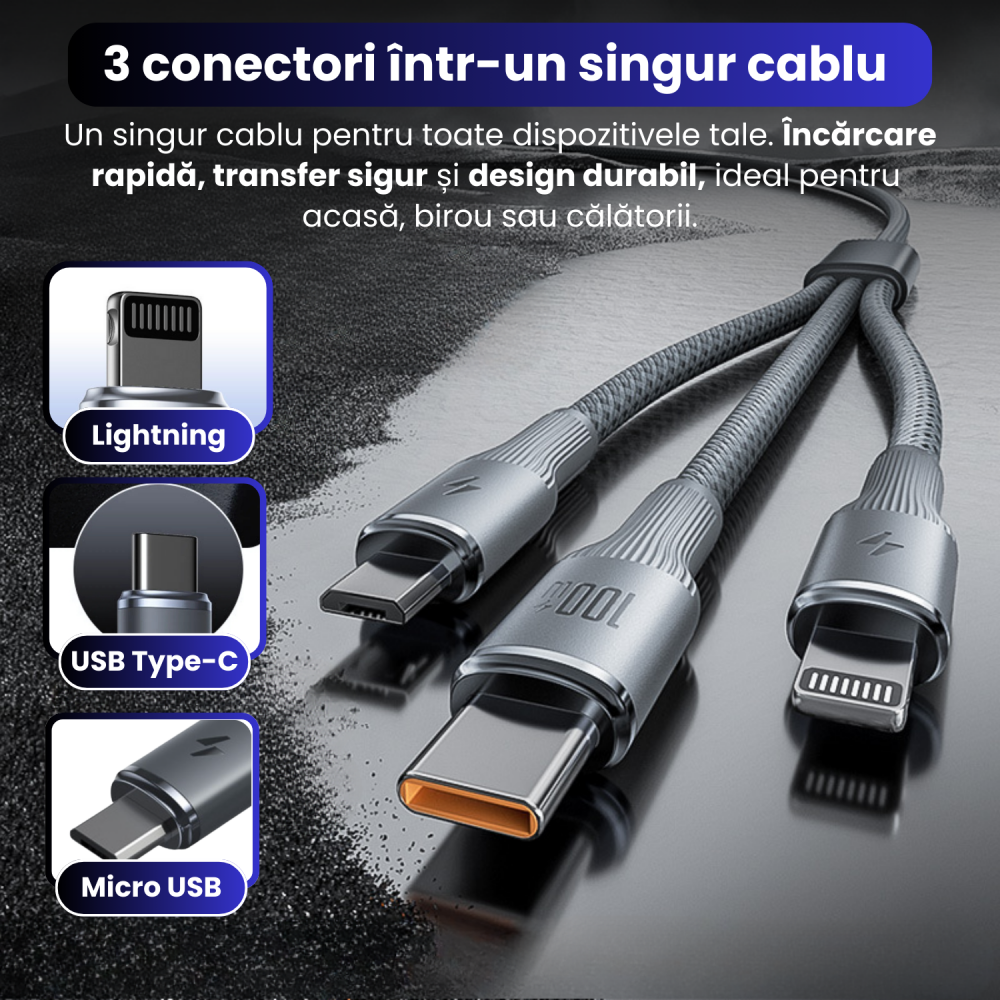 Cablu de date cu incarcare rapida, Bragus, 3 in 1, Super Fast Charge 100W, USB, Type C, Lightning, Micro-USB [3]