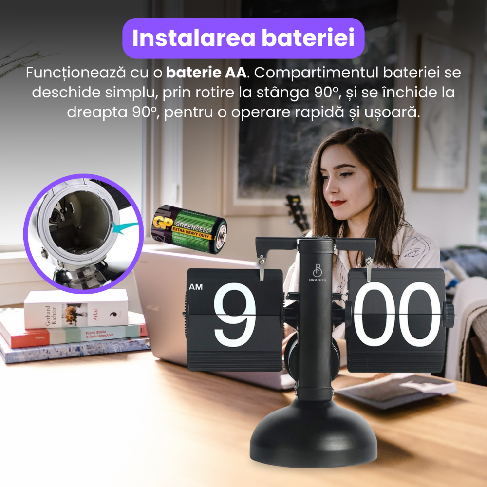 Ceas retro BRAGUS®, design classic, analogic, potrivit pentru o varietate de decoruri, intoarcere automata, metal solid [5]