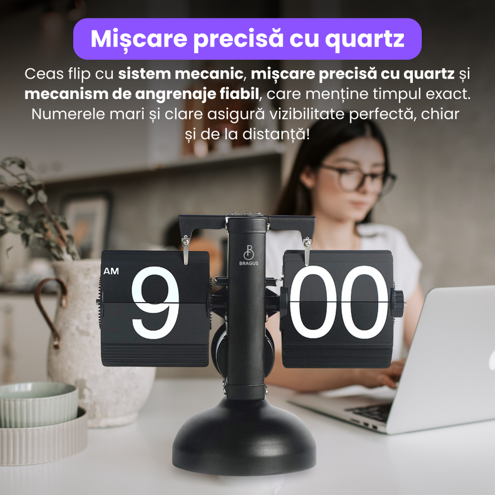 Ceas retro BRAGUS®, design classic, analogic, potrivit pentru o varietate de decoruri, intoarcere automata, metal solid [3]