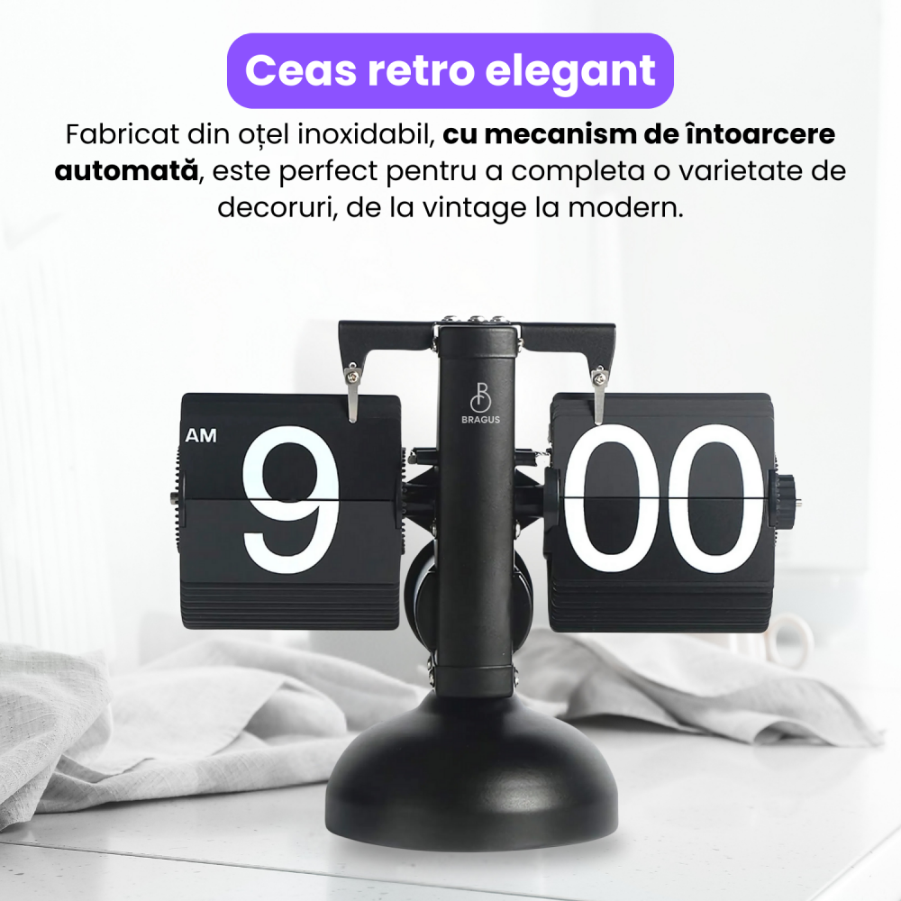 Ceas retro BRAGUS®, design classic, analogic, potrivit pentru o varietate de decoruri, intoarcere automata, metal solid [2]