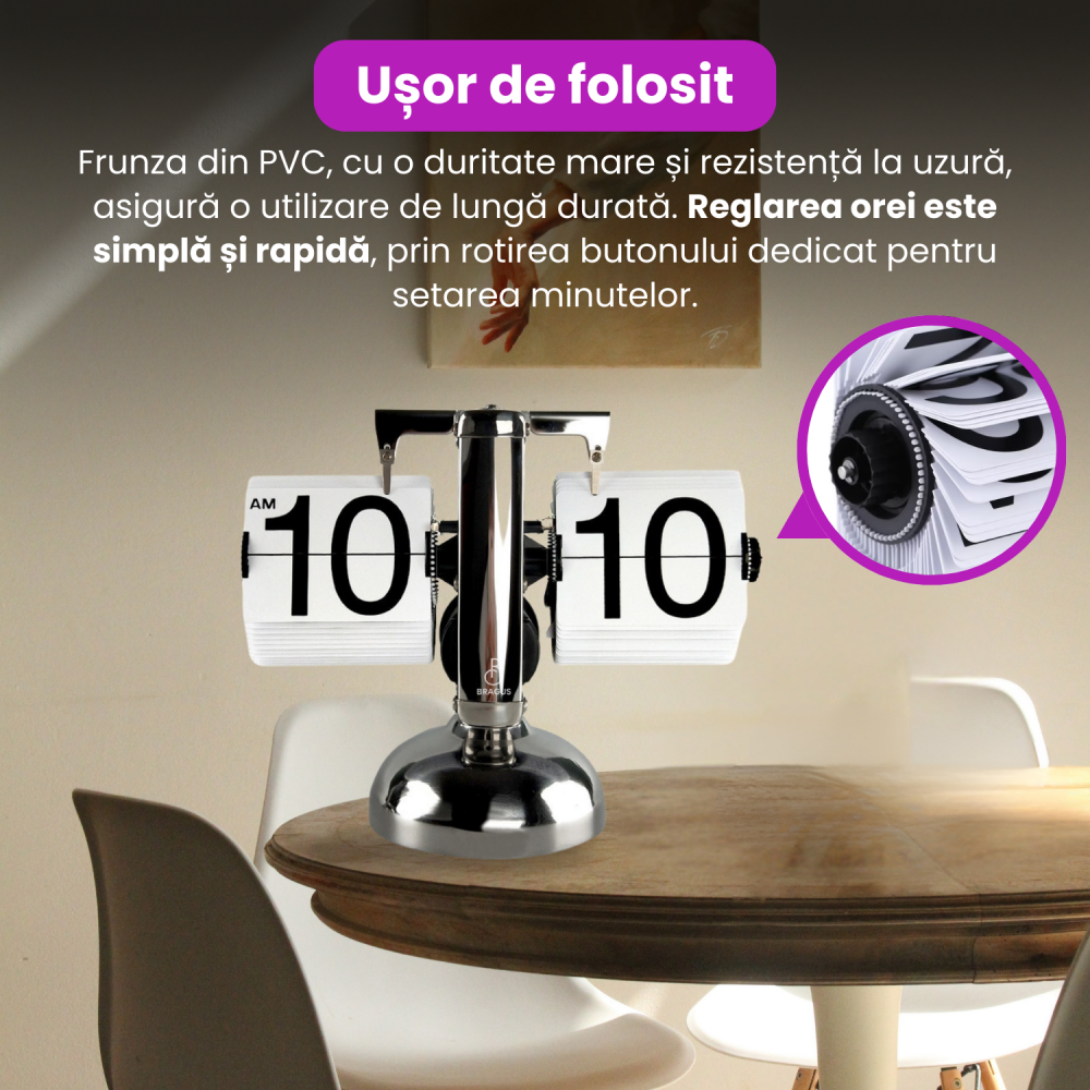 Ceas retro BRAGUS®, design classic, analogic, potrivit pentru o varietate de decoruri, intoarcere automata, metal solid [4]