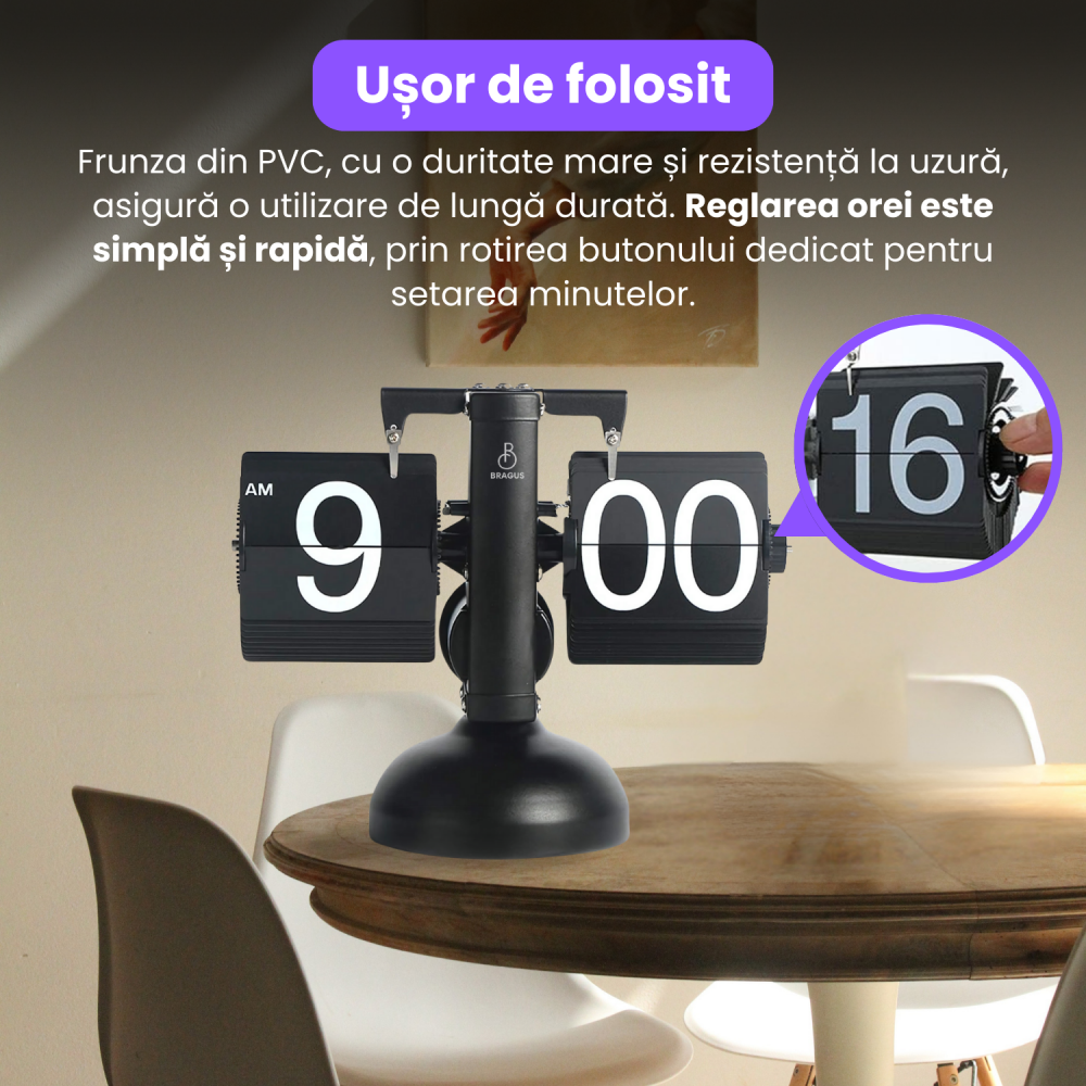 Ceas retro BRAGUS®, design classic, analogic, potrivit pentru o varietate de decoruri, intoarcere automata, metal solid [4]