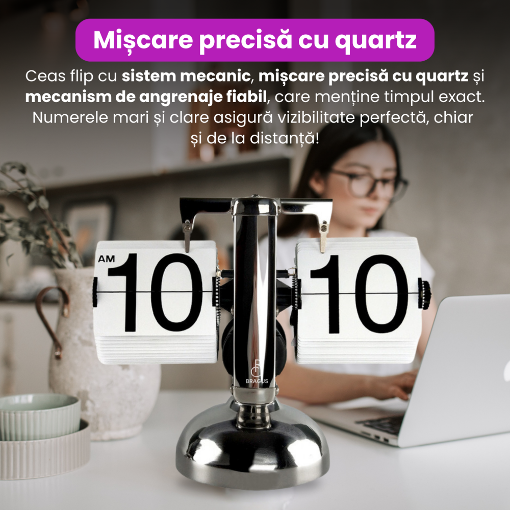 Ceas retro BRAGUS®, design classic, analogic, potrivit pentru o varietate de decoruri, intoarcere automata, metal solid [3]