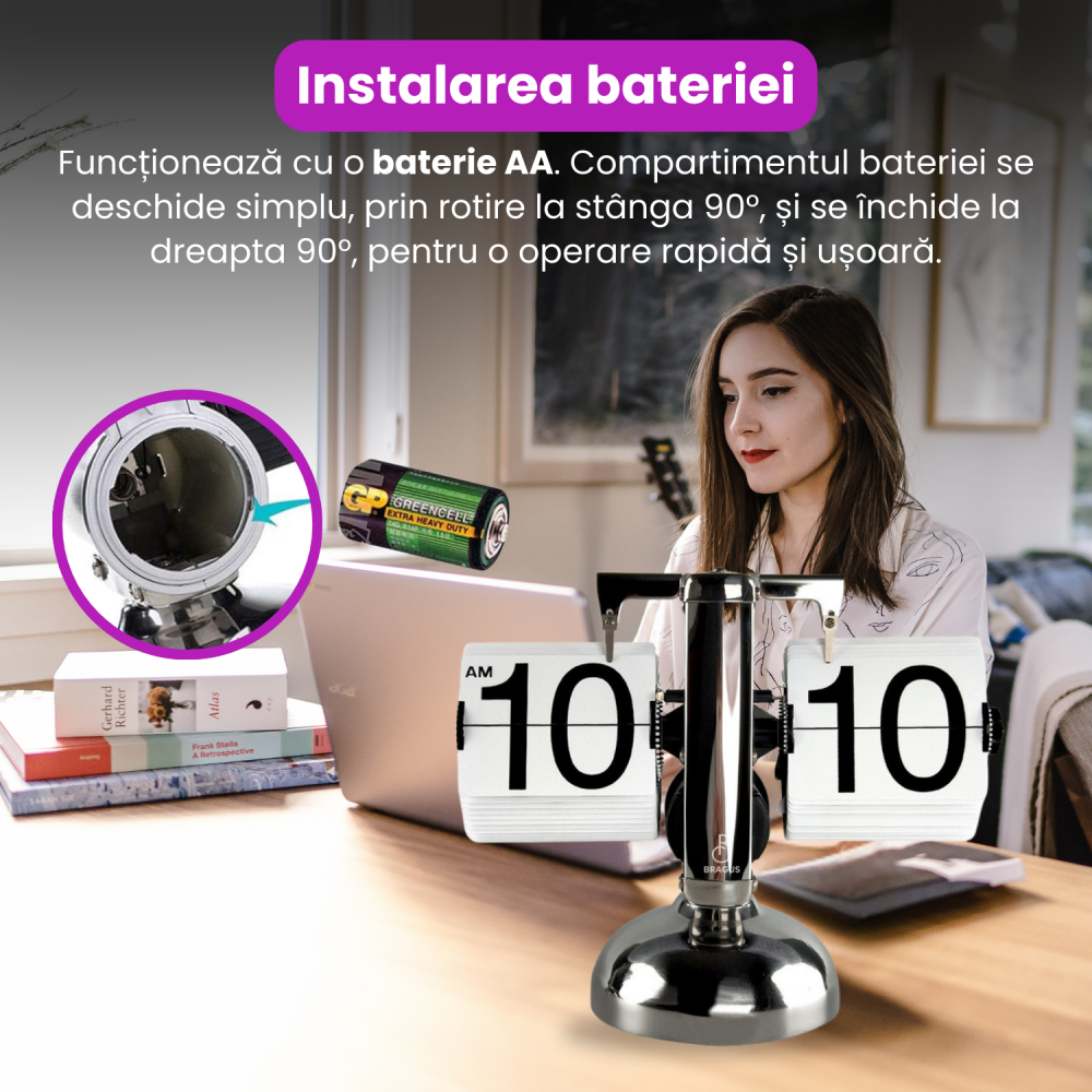 Ceas retro BRAGUS®, design classic, analogic, potrivit pentru o varietate de decoruri, intoarcere automata, metal solid [5]