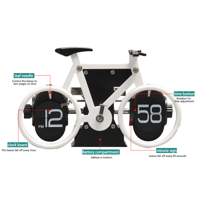 Ceas retro BRAGUS®, in forma de bicicleta, analogic, design classic, intoarcere automata, din metal, Alb [3]