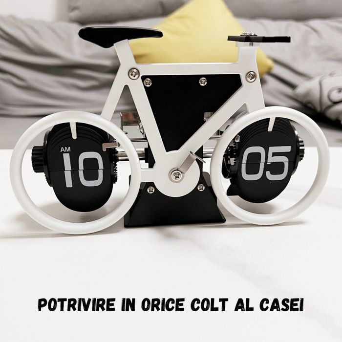 Ceas retro BRAGUS®, in forma de bicicleta, analogic, design classic, intoarcere automata, din metal, Alb [4]