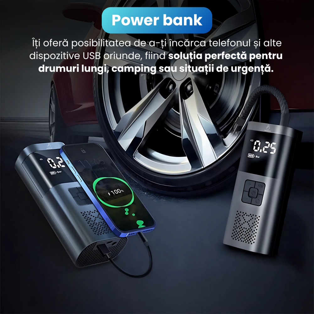 Compresor Auto Portabil, 3 in 1, Baterie 6000mAh Tip Powerbank, Digital, Manometru, Lanterna LED, 150PSI, Debit 20L, Pompa Aer Masina, 4 Accesorii, Incarcare USB, Umflare Roti, Minge, Bicicleta, Negru [5]