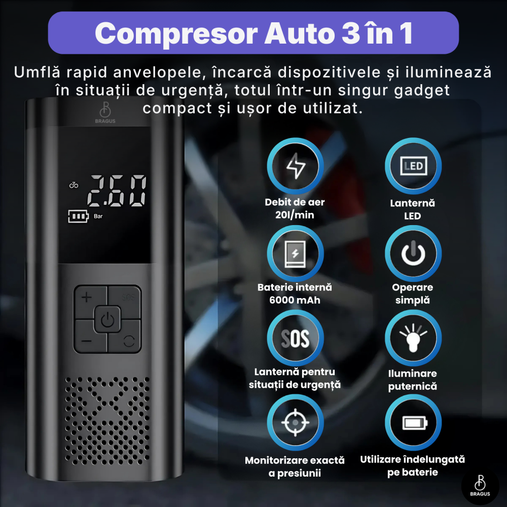 Compresor Auto Portabil, 3 in 1, Baterie 6000mAh Tip Powerbank, Digital, Manometru, Lanterna LED, 150PSI, Debit 20L, Pompa Aer Masina, 4 Accesorii, Incarcare USB, Umflare Roti, Minge, Bicicleta, Negru [9]