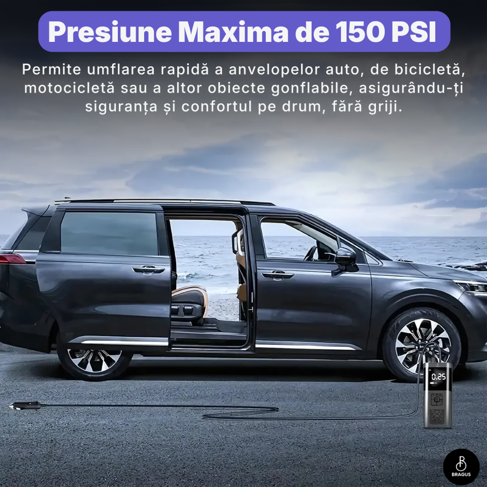 Compresor Auto Portabil, 3 in 1, Baterie 6000mAh Tip Powerbank, Digital, Manometru, Lanterna LED, 150PSI, Debit 20L, Pompa Aer Masina, 4 Accesorii, Incarcare USB, Umflare Roti, Minge, Bicicleta, Negru [13]