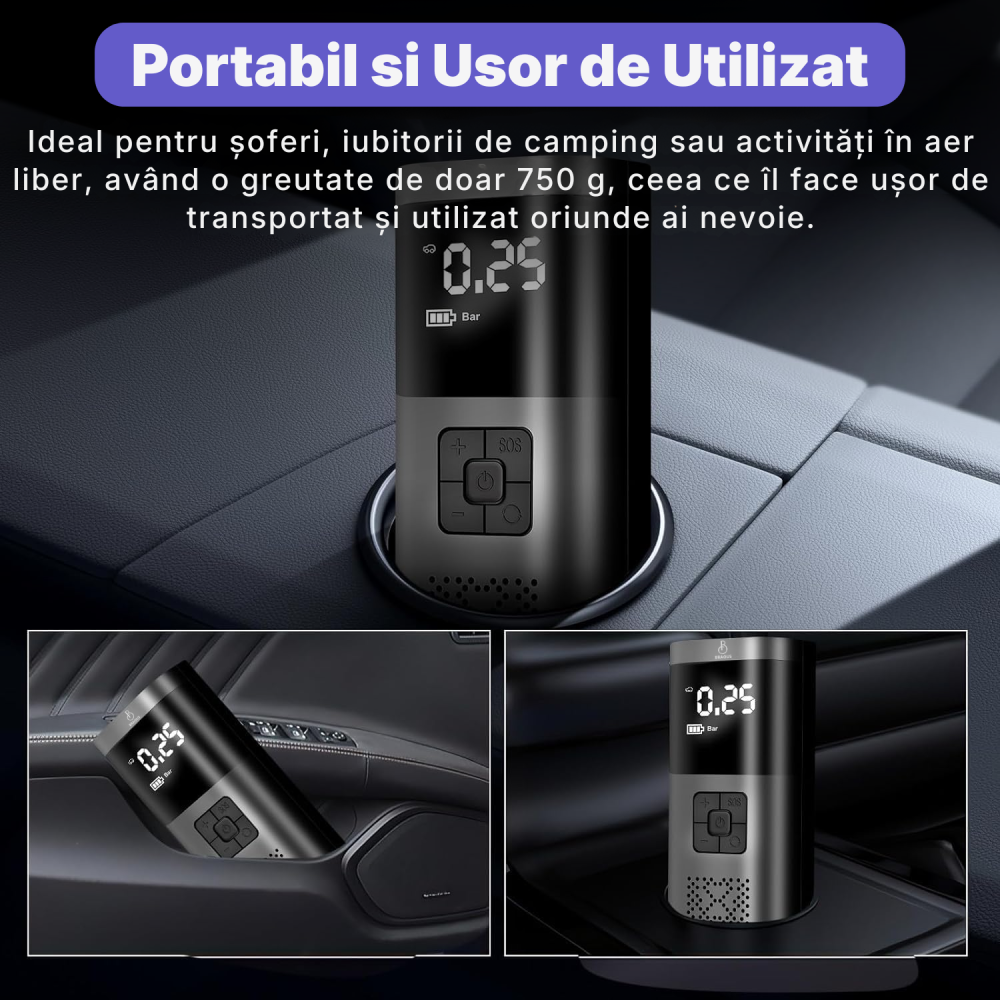 Compresor Auto Portabil, 3 in 1, Baterie 6000mAh Tip Powerbank, Digital, Manometru, Lanterna LED, 150PSI, Debit 20L, Pompa Aer Masina, 4 Accesorii, Incarcare USB, Umflare Roti, Minge, Bicicleta, Negru [14]