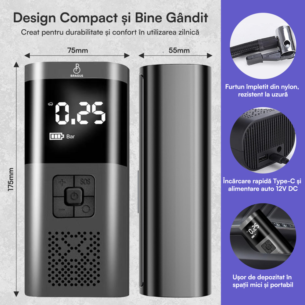 Compresor Auto Portabil, 3 in 1, Baterie 6000mAh Tip Powerbank, Digital, Manometru, Lanterna LED, 150PSI, Debit 20L, Pompa Aer Masina, 4 Accesorii, Incarcare USB, Umflare Roti, Minge, Bicicleta, Negru [6]