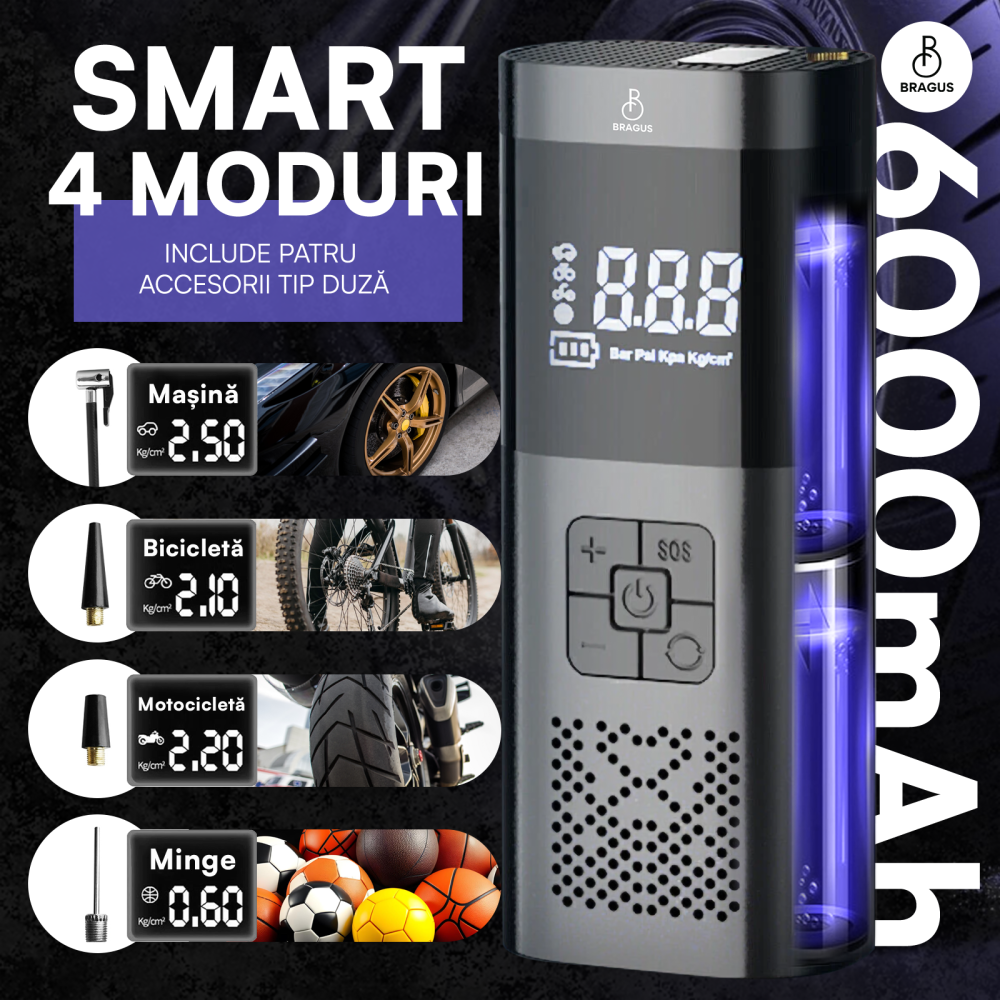 Compresor Auto Portabil, 3 in 1, Baterie 6000mAh Tip Powerbank, Digital, Manometru, Lanterna LED, 150PSI, Debit 20L, Pompa Aer Masina, 4 Accesorii, Incarcare USB, Umflare Roti, Minge, Bicicleta, Negru [5]