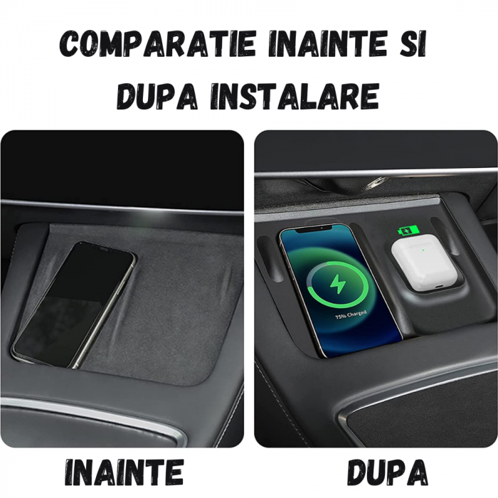 Covoras din silicon pentru suportul de incarcare Tesla, cu 2 compartimente, pentru telefon si casti, integrat in consola centrala, compatibil Model 3/Y, BRAGUS®, Negru [2]