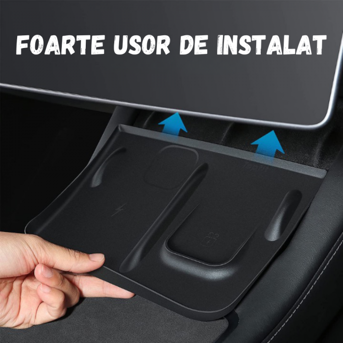 Covoras din silicon pentru suportul de incarcare Tesla, cu 2 compartimente, pentru telefon si casti, integrat in consola centrala, compatibil Model 3/Y, BRAGUS®, Negru [4]