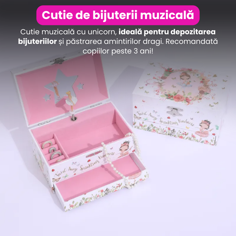 Cutie muzicala BRAGUS®, cu balerina, pentru depozitarea bijuteriilor, cu sertar incorporat, recomandata copiilor cu varsta de peste 3 ani, interior roz [2]