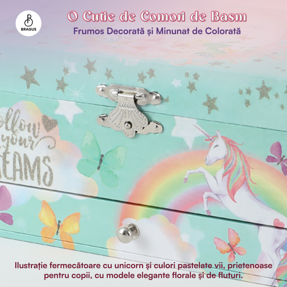 Cutie muzicala BRAGUS®, cu unicorn, pentru depozitarea bijuteriilor, cu sertar incorporat, recomandata copiilor cu varsta de peste 3 ani, interior roz [5]