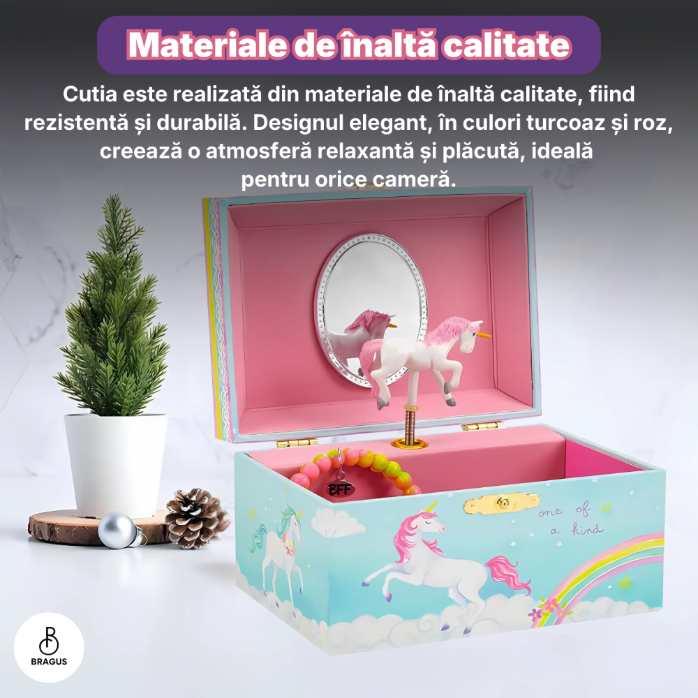 Cutie muzicala BRAGUS®, cu unicorn, pentru depozitarea bijuteriilor, recomandata copiilor cu varsta de peste 3 ani, interior roz [10]