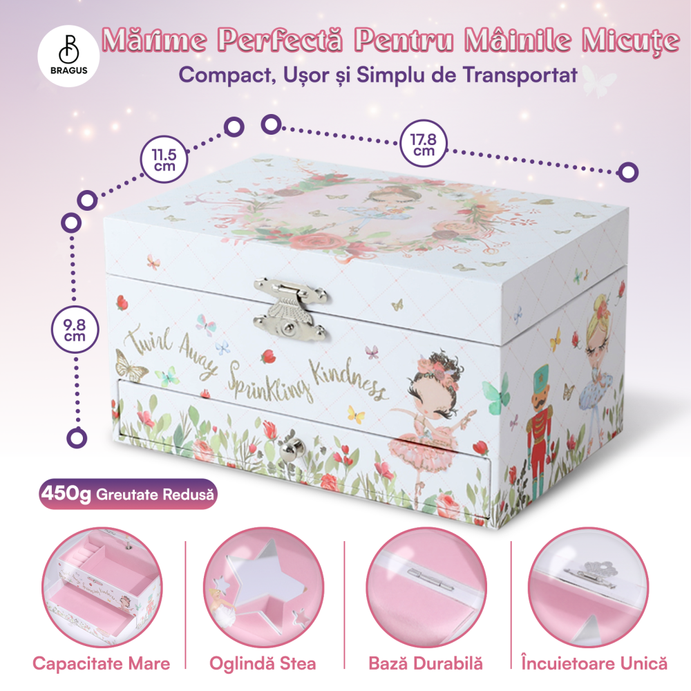 Cutie muzicala BRAGUS®, cu balerina, pentru depozitarea bijuteriilor, cu sertar incorporat, recomandata copiilor cu varsta de peste 3 ani, interior roz [3]