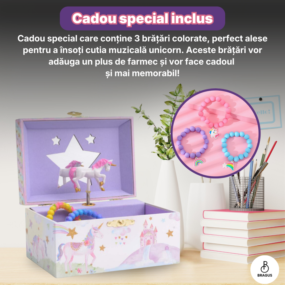 Cutie muzicala BRAGUS®, cu unicorn, pentru depozitarea bijuteriilor, recomandata copiilor cu varsta de peste 3 ani, interior mov [11]