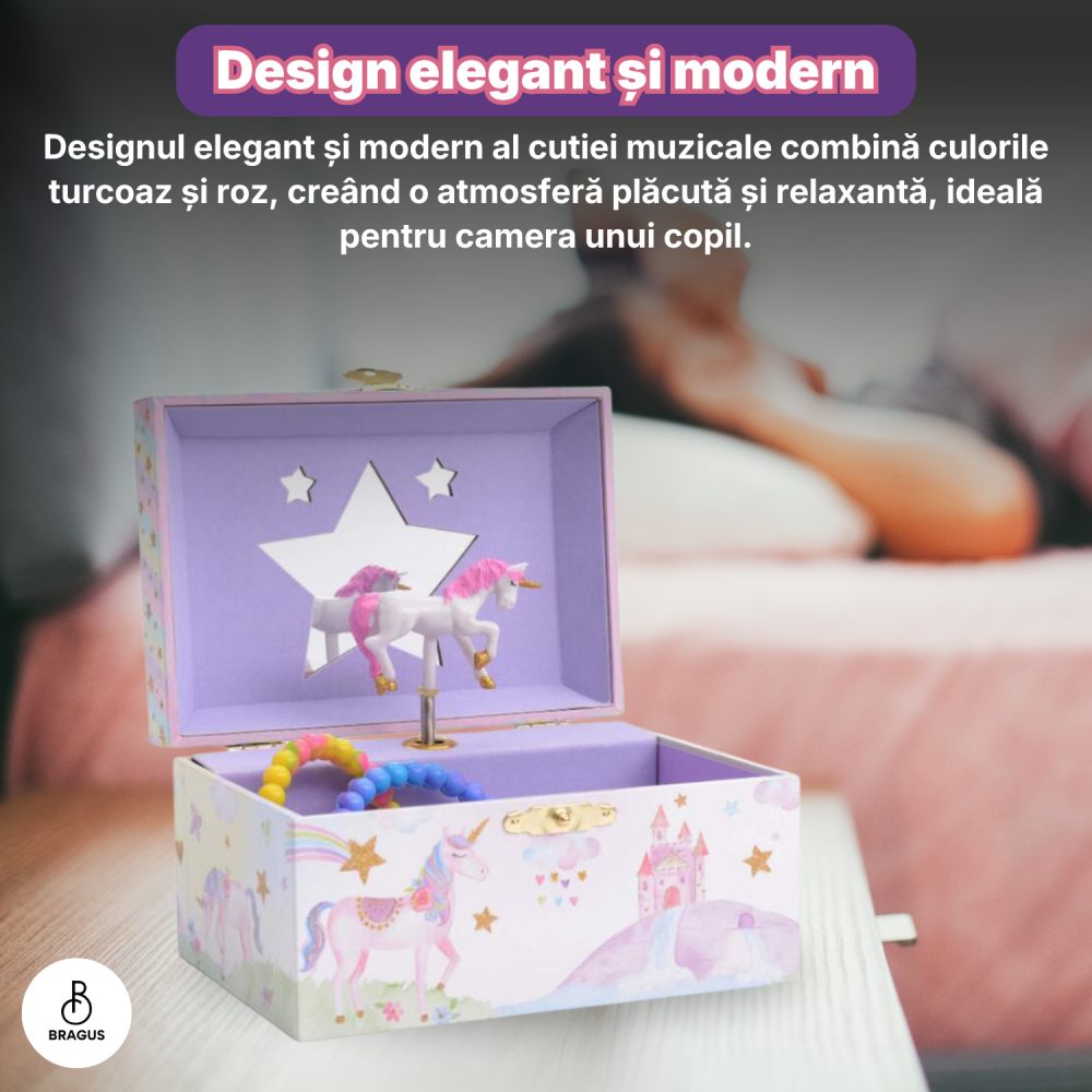 Cutie muzicala BRAGUS®, cu unicorn, pentru depozitarea bijuteriilor, recomandata copiilor cu varsta de peste 3 ani, interior mov [14]