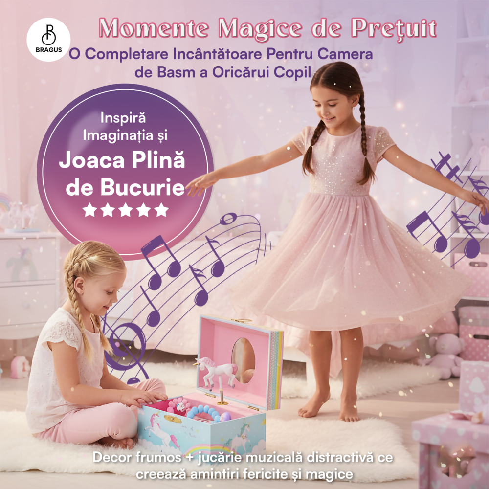Cutie muzicala BRAGUS®, cu unicorn, pentru depozitarea bijuteriilor, recomandata copiilor cu varsta de peste 3 ani, interior roz [8]