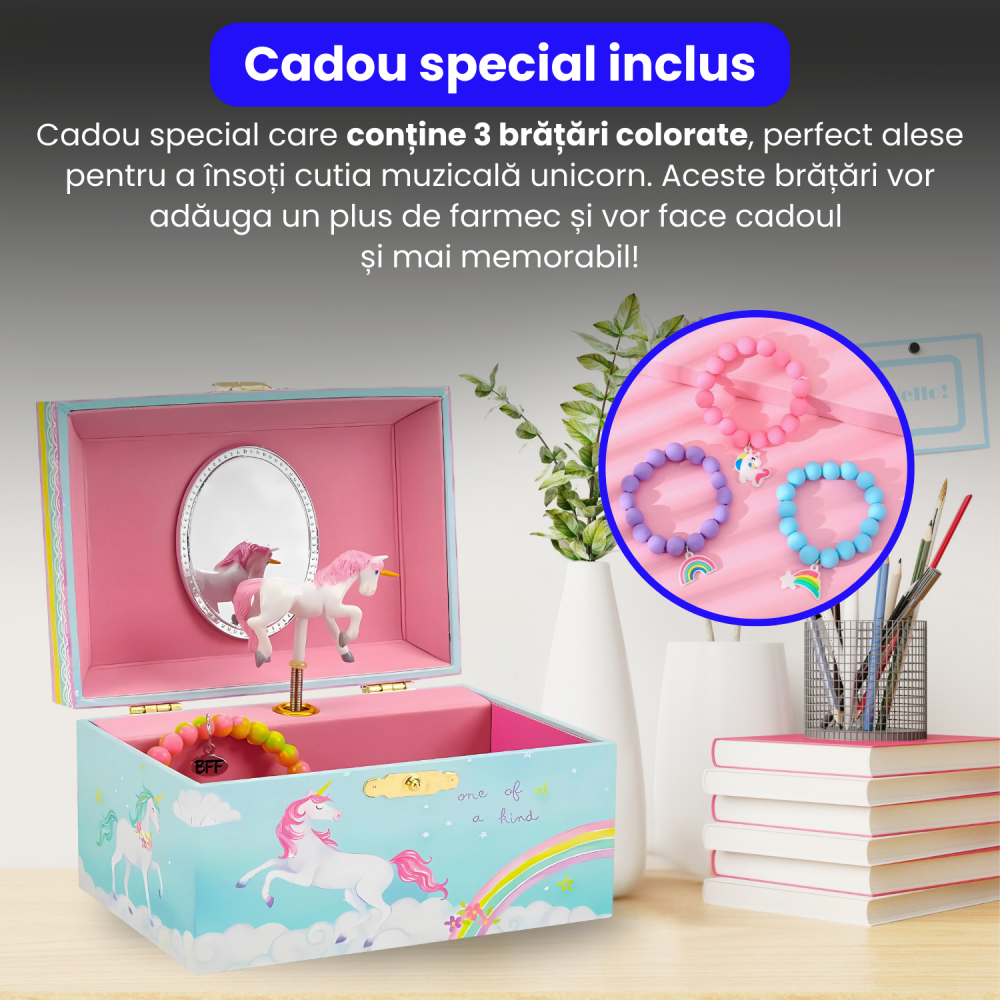 Cutie muzicala BRAGUS®, cu unicorn, pentru depozitarea bijuteriilor, recomandata copiilor cu varsta de peste 3 ani, interior roz [4]
