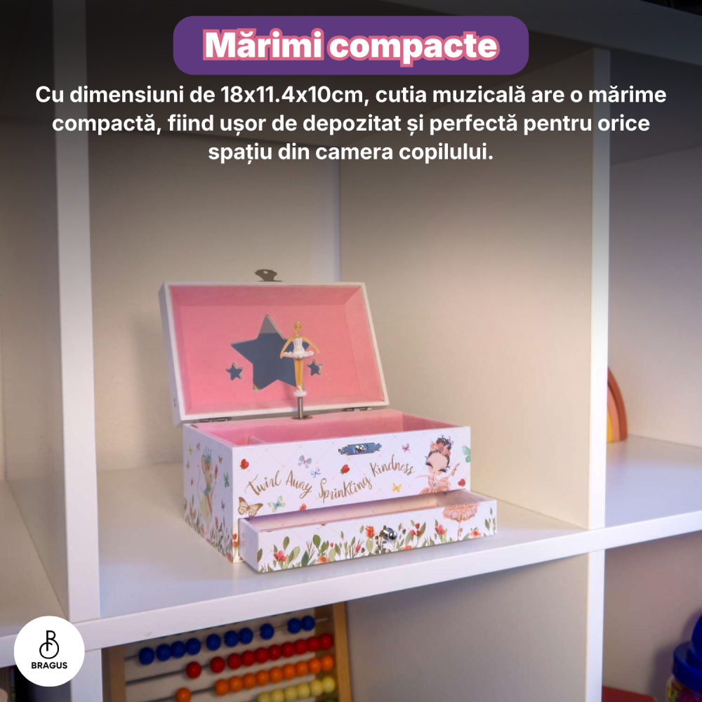 Cutie muzicala BRAGUS®, cu balerina, pentru depozitarea bijuteriilor, cu sertar incorporat, recomandata copiilor cu varsta de peste 3 ani, interior roz [12]