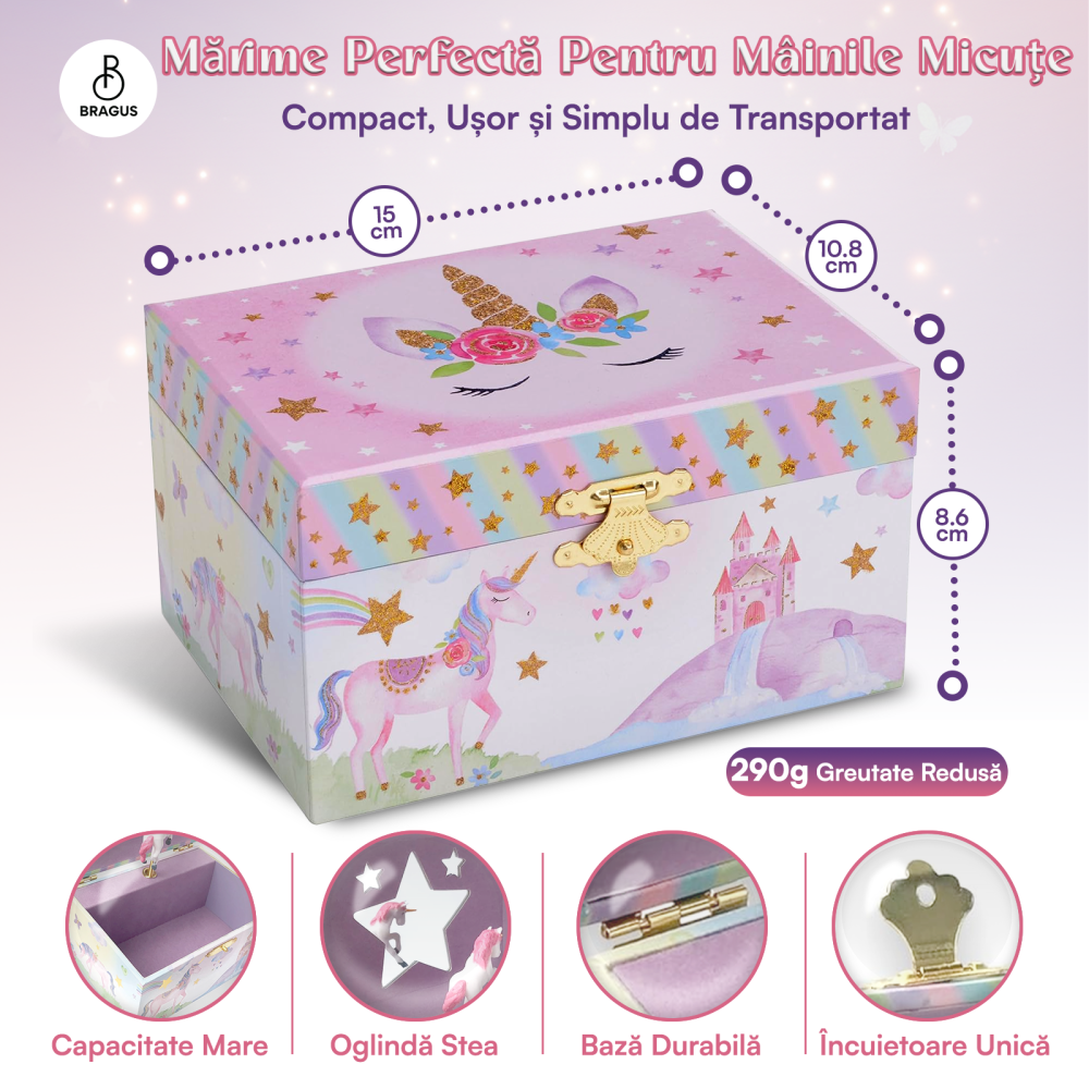 Cutie muzicala BRAGUS®, cu unicorn, pentru depozitarea bijuteriilor, recomandata copiilor cu varsta de peste 3 ani, interior mov [3]