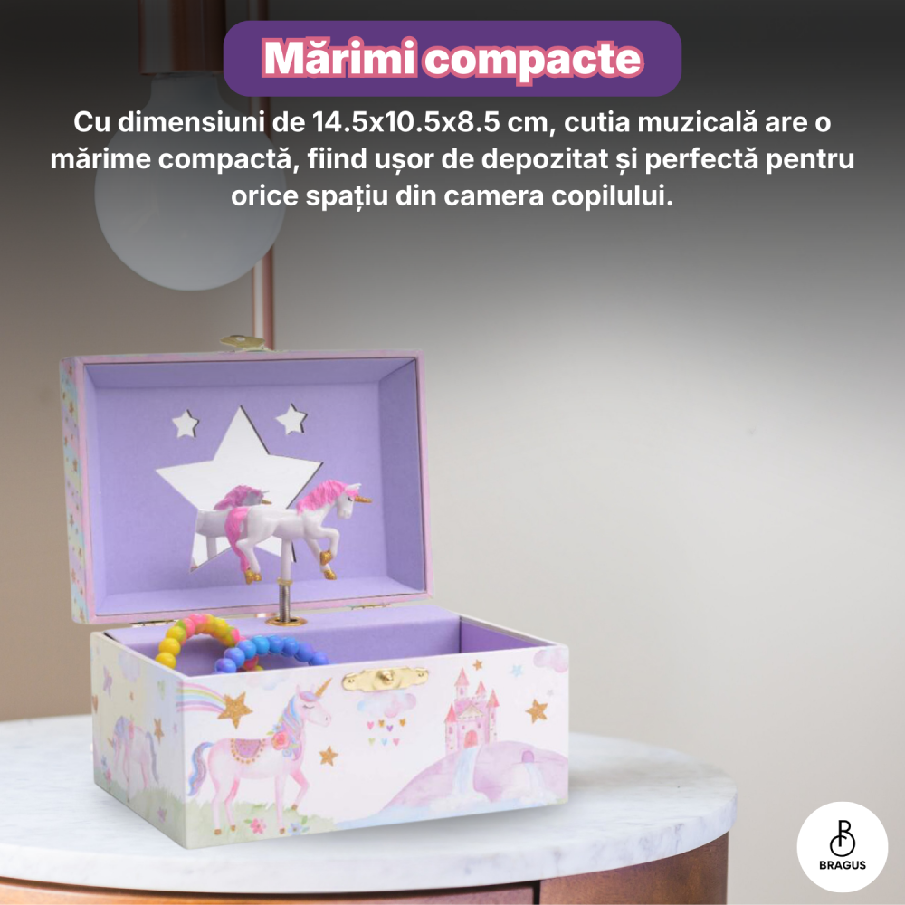 Cutie muzicala BRAGUS®, cu unicorn, pentru depozitarea bijuteriilor, recomandata copiilor cu varsta de peste 3 ani, interior mov [12]