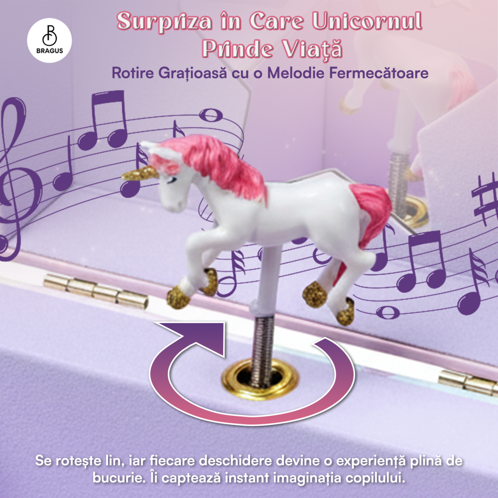Cutie muzicala BRAGUS®, cu unicorn, pentru depozitarea bijuteriilor, recomandata copiilor cu varsta de peste 3 ani, interior mov [4]