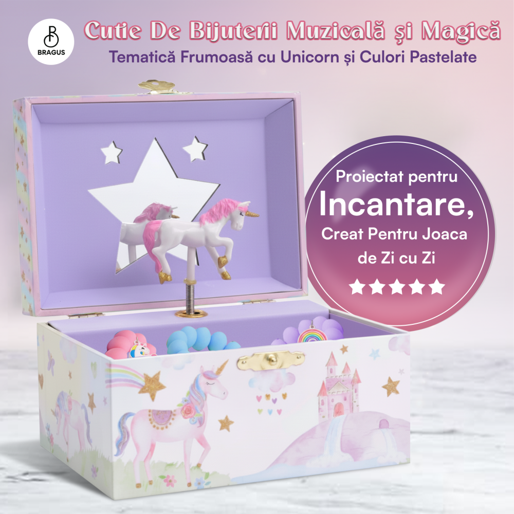 Cutie muzicala BRAGUS®, cu unicorn, pentru depozitarea bijuteriilor, recomandata copiilor cu varsta de peste 3 ani, interior mov [2]