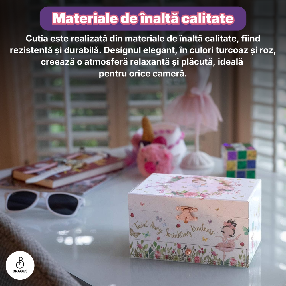 Cutie muzicala BRAGUS®, cu balerina, pentru depozitarea bijuteriilor, cu sertar incorporat, recomandata copiilor cu varsta de peste 3 ani, interior roz [10]