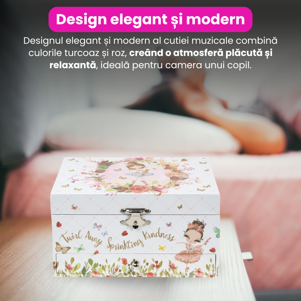Cutie muzicala BRAGUS®, cu balerina, pentru depozitarea bijuteriilor, cu sertar incorporat, recomandata copiilor cu varsta de peste 3 ani, interior roz [7]