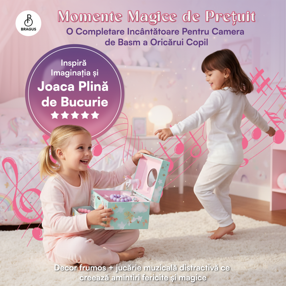 Cutie muzicala BRAGUS®, cu unicorn, pentru depozitarea bijuteriilor, cu sertar incorporat, recomandata copiilor cu varsta de peste 3 ani, interior roz [8]