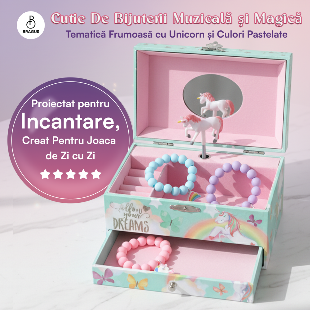 Cutie muzicala BRAGUS®, cu unicorn, pentru depozitarea bijuteriilor, cu sertar incorporat, recomandata copiilor cu varsta de peste 3 ani, interior roz [2]